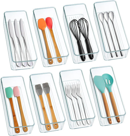 8 Pack Clear Plastic Drawer Organizer Bins Set, Stackable Cutlery Storage Bins Trays for Organizing Kitchen, Bathroom, Office, Crafts, Gadgets, Cabinet Supplies