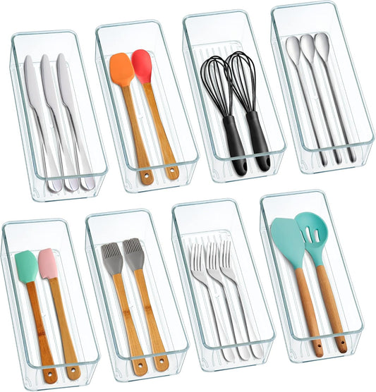 8 Pack Clear Plastic Drawer Organizer Bins Set, Stackable Cutlery Storage Bins Trays for Organizing Kitchen, Bathroom, Office, Crafts, Gadgets, Cabinet Supplies