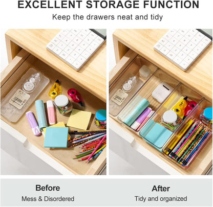 8 Pack Clear Plastic Drawer Organizer Bins Set, Stackable Cutlery Storage Bins Trays for Organizing Kitchen, Bathroom, Office, Crafts, Gadgets, Cabinet Supplies