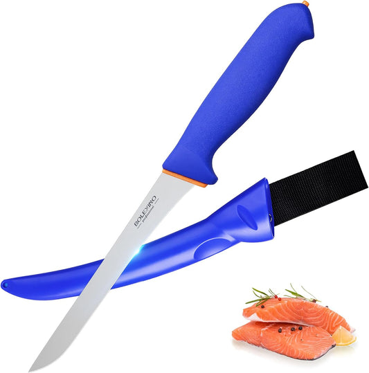 7" Fillet Knife, Semi-Flexible High Carbon Steel for Fish W/Sheath | Non-slip handle, secure grip, High carbon steel stays sharp, For fish, meat, poultry w/sheath, Great for kitchen & outdoor.
