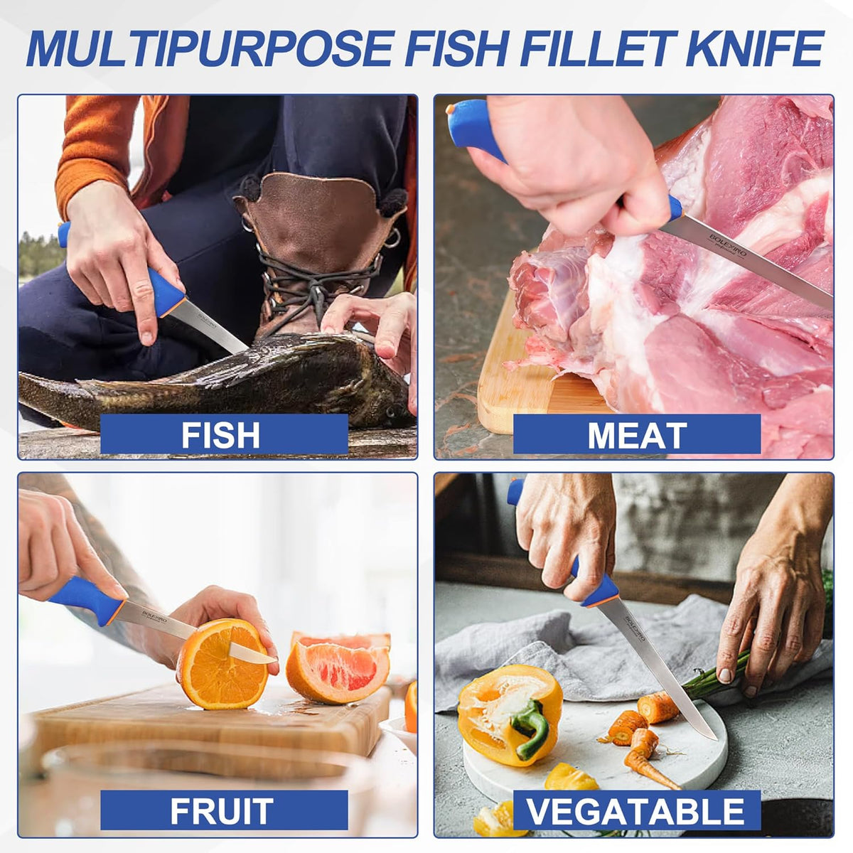 7" Fillet Knife, Semi-Flexible High Carbon Steel for Fish W/Sheath | Non-slip handle, secure grip, High carbon steel stays sharp, For fish, meat, poultry w/sheath, Great for kitchen & outdoor.