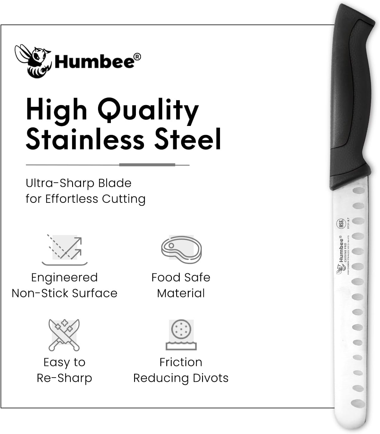 8-Inch Chef Carving Knife with Granton Edge for Slicing Turkey Ham and Meat | NSF Certified | German Stainless Steel Blade | Dishwasher Safe Ergonomic Handle, DT-21 Series, Black
