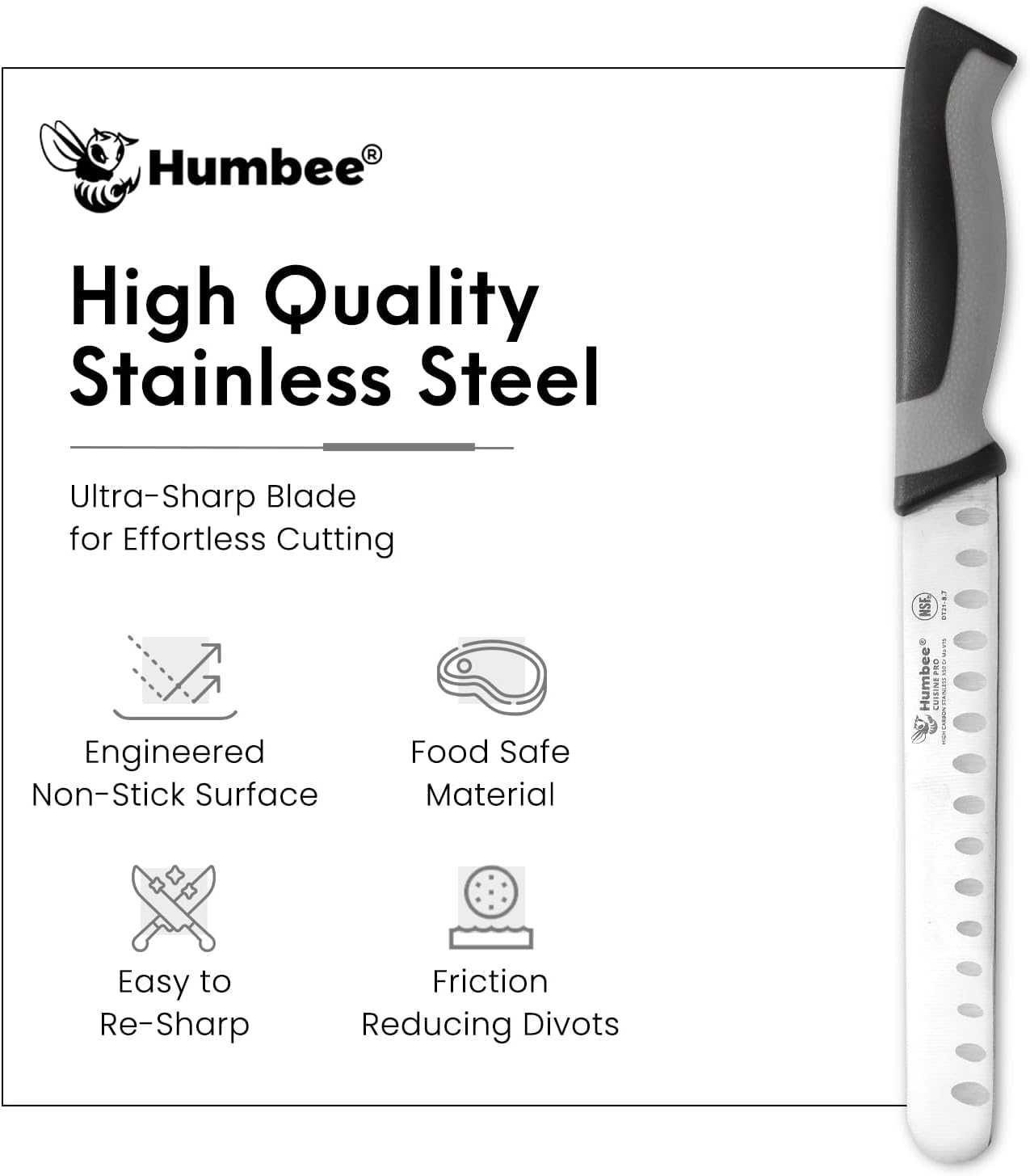 8-Inch Chef Carving Knife with Granton Edge for Slicing Turkey Ham and Meat | NSF Certified | German Stainless Steel Blade | Dishwasher Safe Ergonomic Handle, DT-21 Series, Black