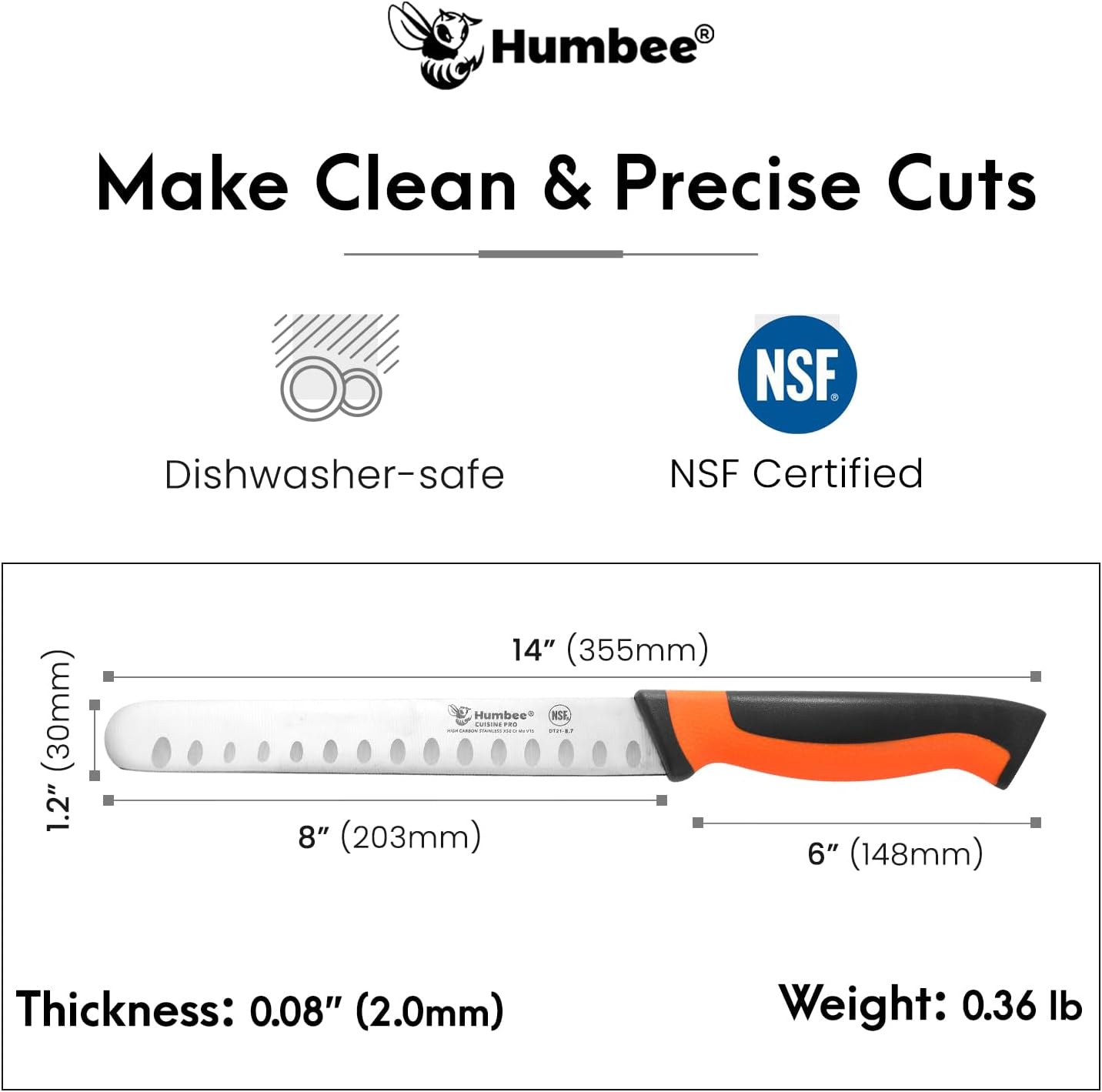 8-Inch Chef Carving Knife with Granton Edge for Slicing Turkey Ham and Meat | NSF Certified | German Stainless Steel Blade | Dishwasher Safe Ergonomic Handle, DT-21 Series, Black