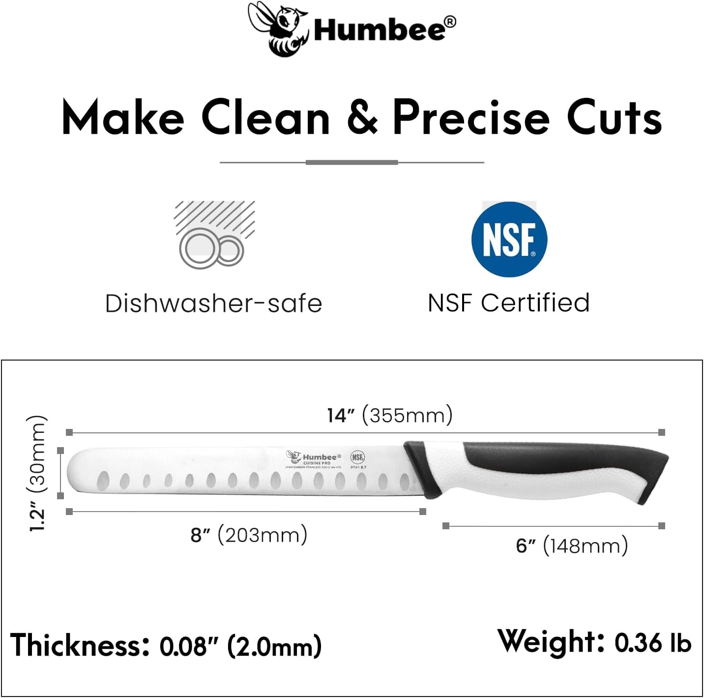 8-Inch Chef Carving Knife with Granton Edge for Slicing Turkey Ham and Meat | NSF Certified | German Stainless Steel Blade | Dishwasher Safe Ergonomic Handle, DT-21 Series, Black
