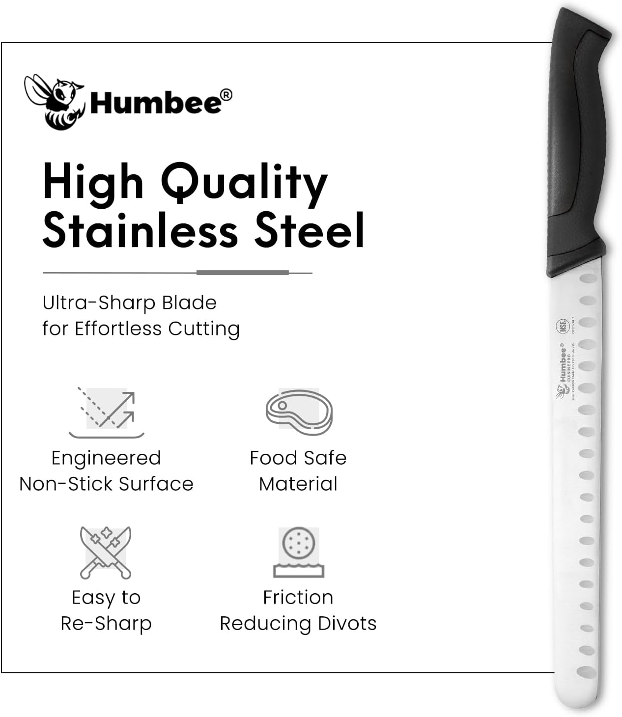 8-Inch Chef Carving Knife with Granton Edge for Slicing Turkey Ham and Meat | NSF Certified | German Stainless Steel Blade | Dishwasher Safe Ergonomic Handle, DT-21 Series, Black