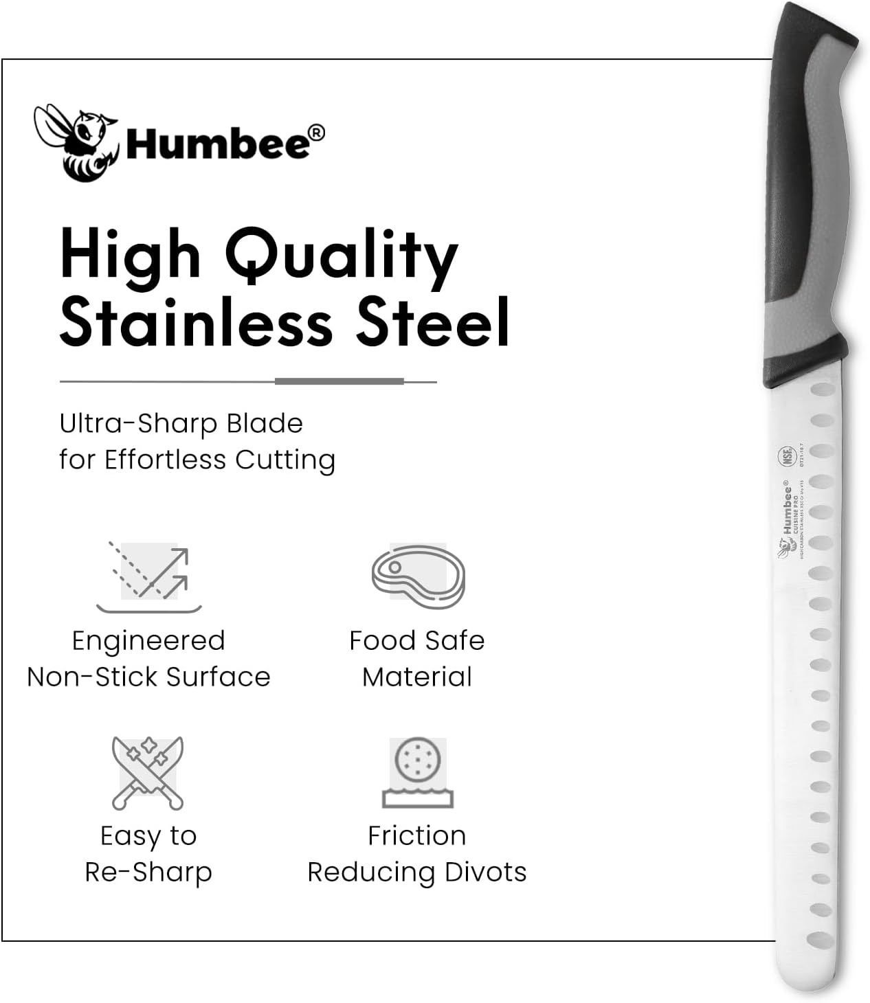 8-Inch Chef Carving Knife with Granton Edge for Slicing Turkey Ham and Meat | NSF Certified | German Stainless Steel Blade | Dishwasher Safe Ergonomic Handle, DT-21 Series, Black
