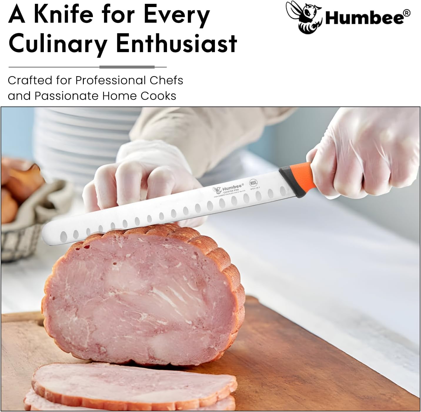 8-Inch Chef Carving Knife with Granton Edge for Slicing Turkey Ham and Meat | NSF Certified | German Stainless Steel Blade | Dishwasher Safe Ergonomic Handle, DT-21 Series, Black
