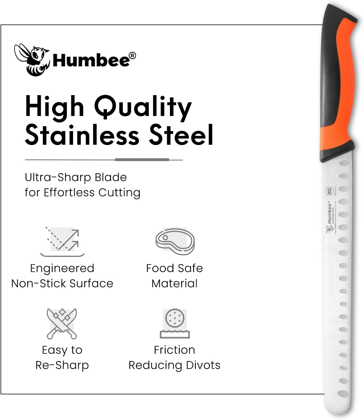 8-Inch Chef Carving Knife with Granton Edge for Slicing Turkey Ham and Meat | NSF Certified | German Stainless Steel Blade | Dishwasher Safe Ergonomic Handle, DT-21 Series, Black