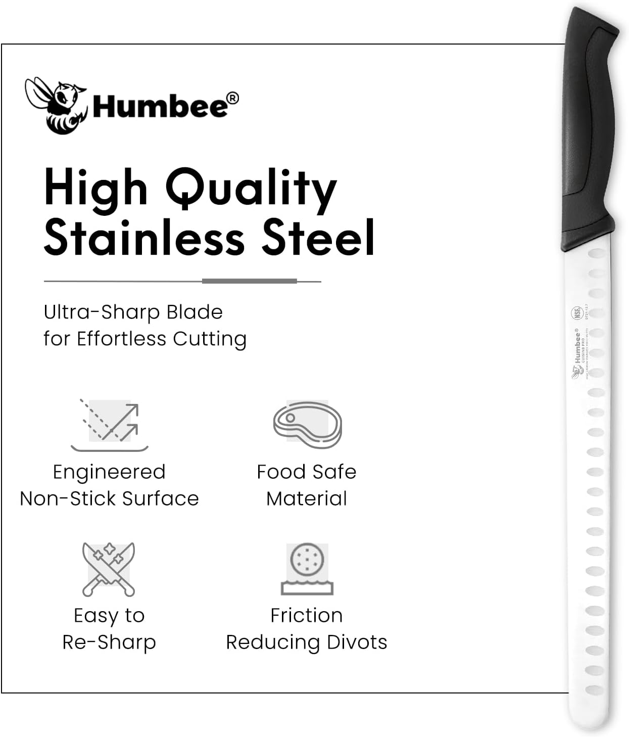 8-Inch Chef Carving Knife with Granton Edge for Slicing Turkey Ham and Meat | NSF Certified | German Stainless Steel Blade | Dishwasher Safe Ergonomic Handle, DT-21 Series, Black