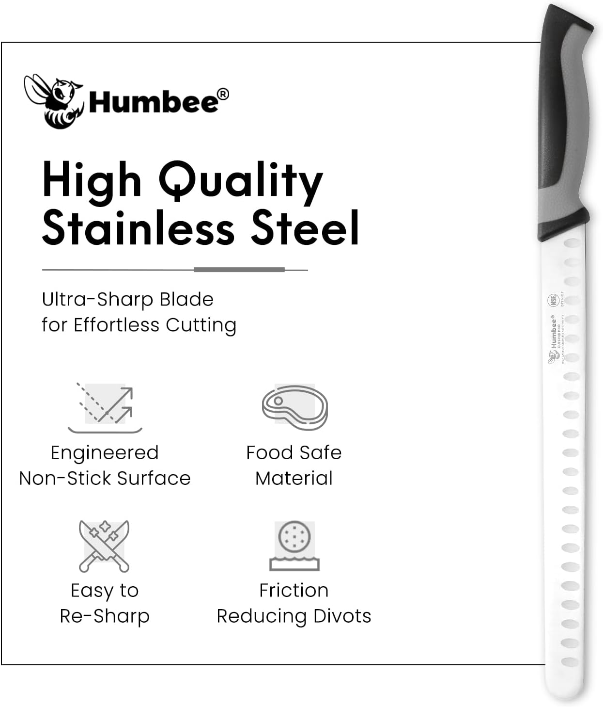 8-Inch Chef Carving Knife with Granton Edge for Slicing Turkey Ham and Meat | NSF Certified | German Stainless Steel Blade | Dishwasher Safe Ergonomic Handle, DT-21 Series, Black