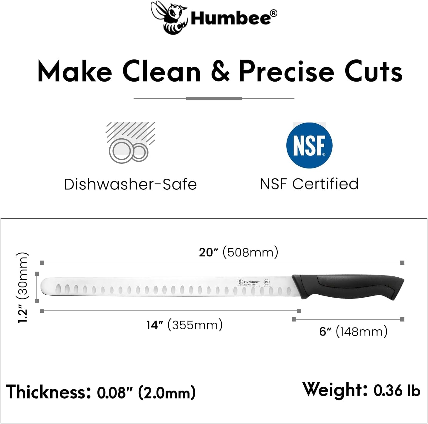 8-Inch Chef Carving Knife with Granton Edge for Slicing Turkey Ham and Meat | NSF Certified | German Stainless Steel Blade | Dishwasher Safe Ergonomic Handle, DT-21 Series, Black