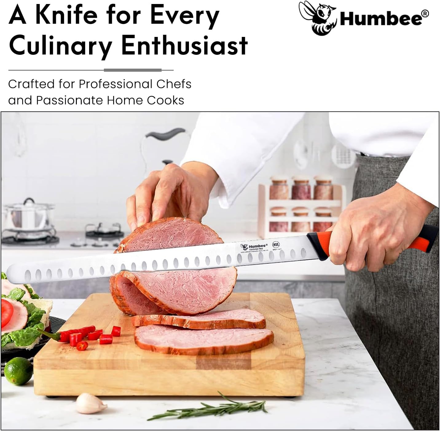 8-Inch Chef Carving Knife with Granton Edge for Slicing Turkey Ham and Meat | NSF Certified | German Stainless Steel Blade | Dishwasher Safe Ergonomic Handle, DT-21 Series, Black