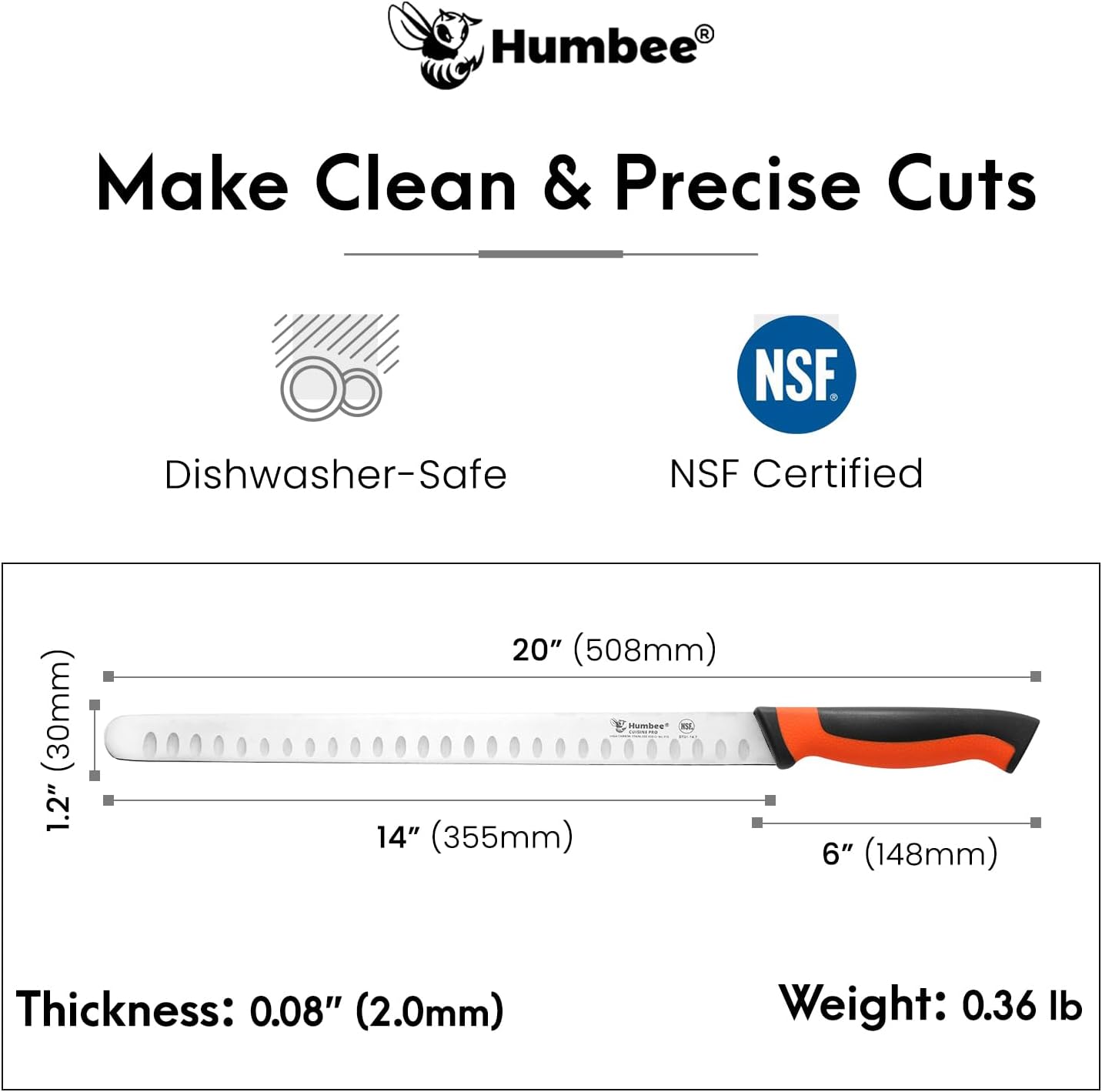 8-Inch Chef Carving Knife with Granton Edge for Slicing Turkey Ham and Meat | NSF Certified | German Stainless Steel Blade | Dishwasher Safe Ergonomic Handle, DT-21 Series, Black