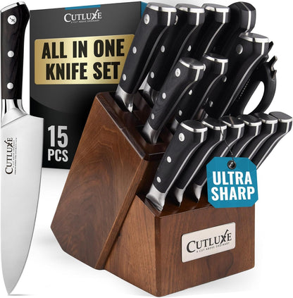 15-Piece Knife Set, Kitchen Knives with Walnut Wood Block | High Carbon German Steel Blades, Full Tang Ergonomic Pakkawood Handles – Artisan Series