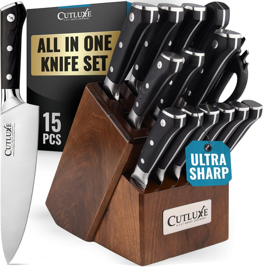 15-Piece Knife Set, Kitchen Knives with Walnut Wood Block | High Carbon German Steel Blades, Full Tang Ergonomic Pakkawood Handles – Artisan Series