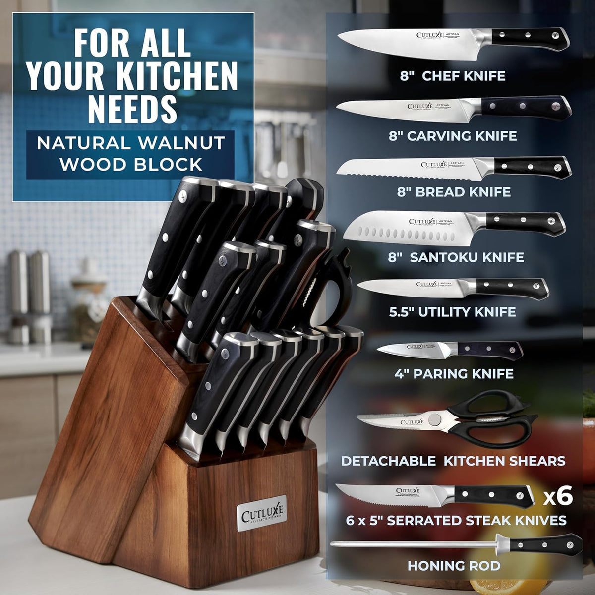 15-Piece Knife Set, Kitchen Knives with Walnut Wood Block | High Carbon German Steel Blades, Full Tang Ergonomic Pakkawood Handles – Artisan Series