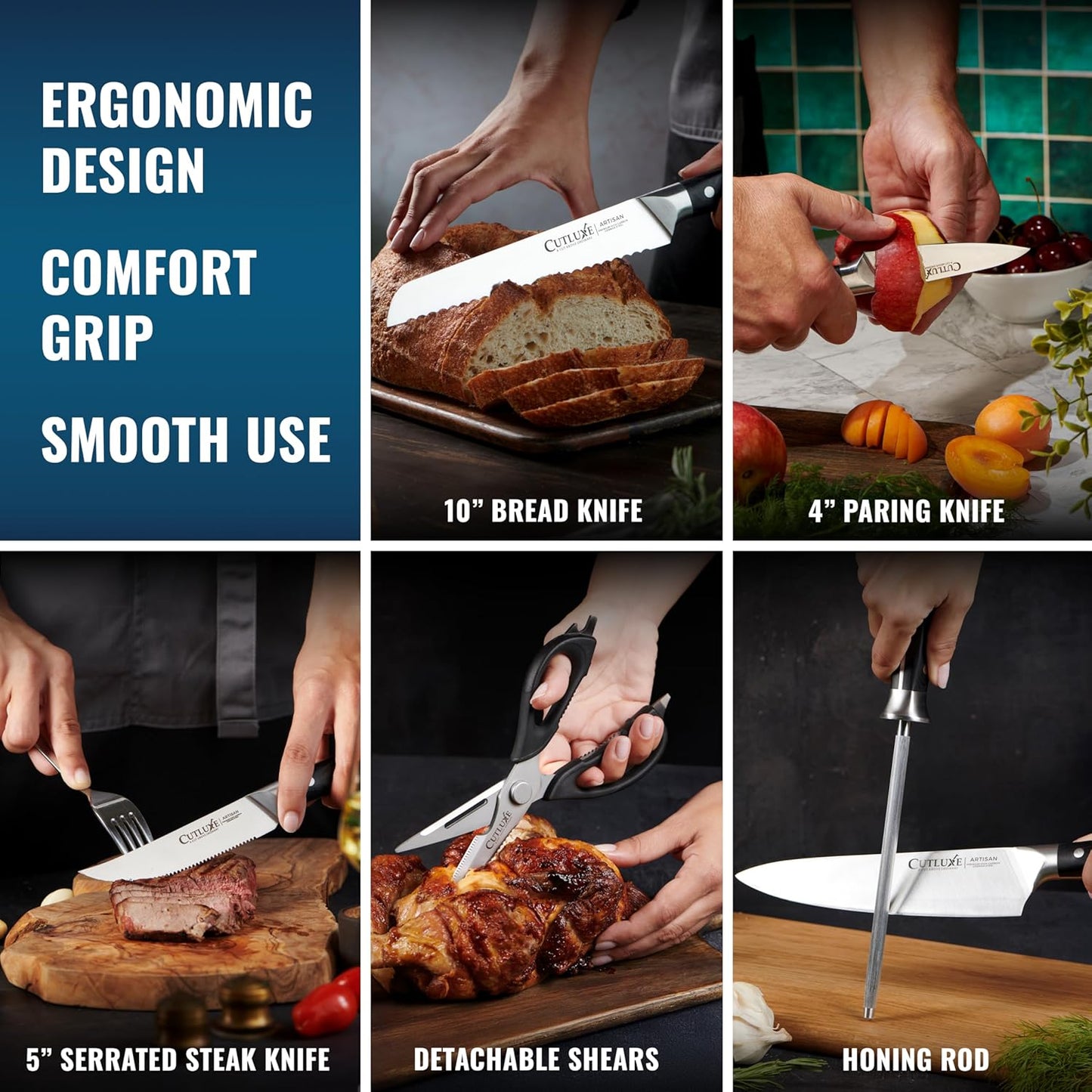 15-Piece Knife Set, Kitchen Knives with Walnut Wood Block | High Carbon German Steel Blades, Full Tang Ergonomic Pakkawood Handles – Artisan Series