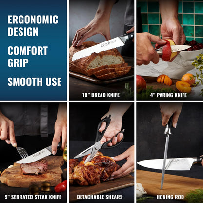 15-Piece Knife Set, Kitchen Knives with Walnut Wood Block | High Carbon German Steel Blades, Full Tang Ergonomic Pakkawood Handles – Artisan Series