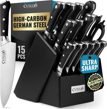 15-Piece Knife Set, Kitchen Knives with Walnut Wood Block | High Carbon German Steel Blades, Full Tang Ergonomic Pakkawood Handles – Artisan Series