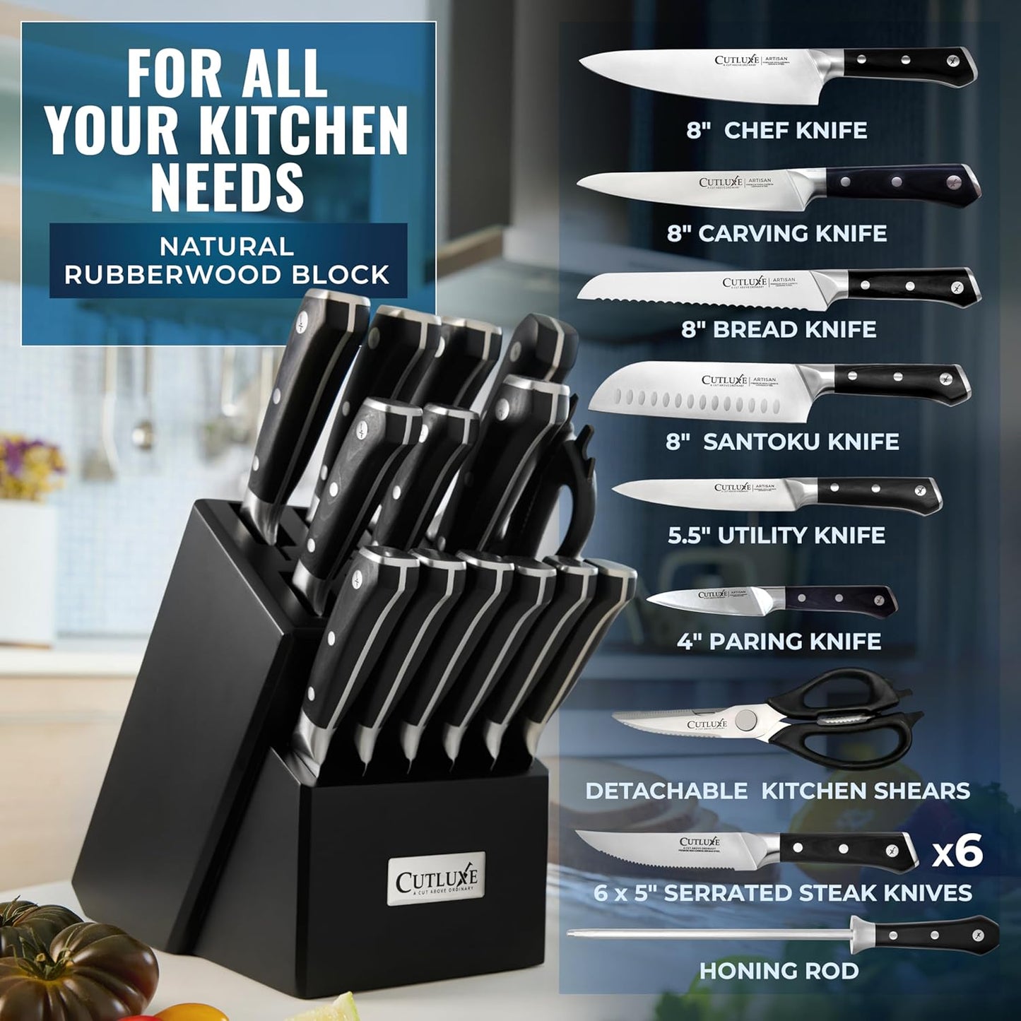15-Piece Knife Set, Kitchen Knives with Walnut Wood Block | High Carbon German Steel Blades, Full Tang Ergonomic Pakkawood Handles – Artisan Series