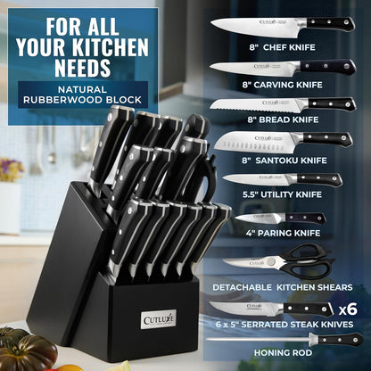 15-Piece Knife Set, Kitchen Knives with Walnut Wood Block | High Carbon German Steel Blades, Full Tang Ergonomic Pakkawood Handles – Artisan Series