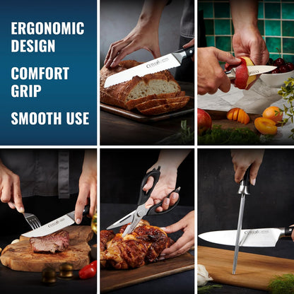 15-Piece Knife Set, Kitchen Knives with Walnut Wood Block | High Carbon German Steel Blades, Full Tang Ergonomic Pakkawood Handles – Artisan Series