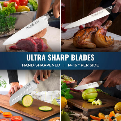 15-Piece Knife Set, Kitchen Knives with Walnut Wood Block | High Carbon German Steel Blades, Full Tang Ergonomic Pakkawood Handles – Artisan Series