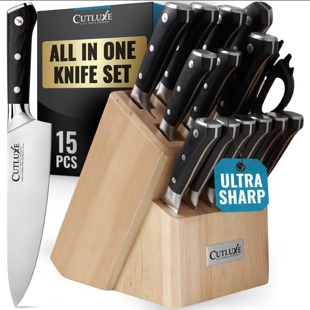 15-Piece Knife Set, Kitchen Knives with Walnut Wood Block | High Carbon German Steel Blades, Full Tang Ergonomic Pakkawood Handles – Artisan Series
