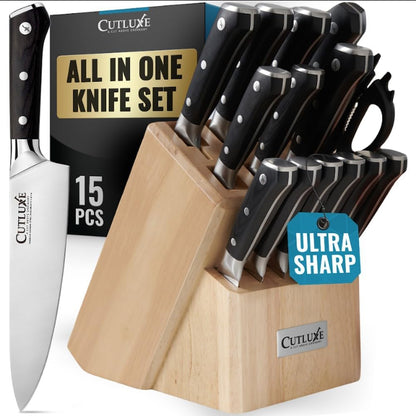 15-Piece Knife Set, Kitchen Knives with Walnut Wood Block | High Carbon German Steel Blades, Full Tang Ergonomic Pakkawood Handles – Artisan Series
