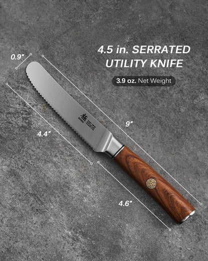 4.5in Serrated Utility Knife, Daimyo Series, Rosewood Handle