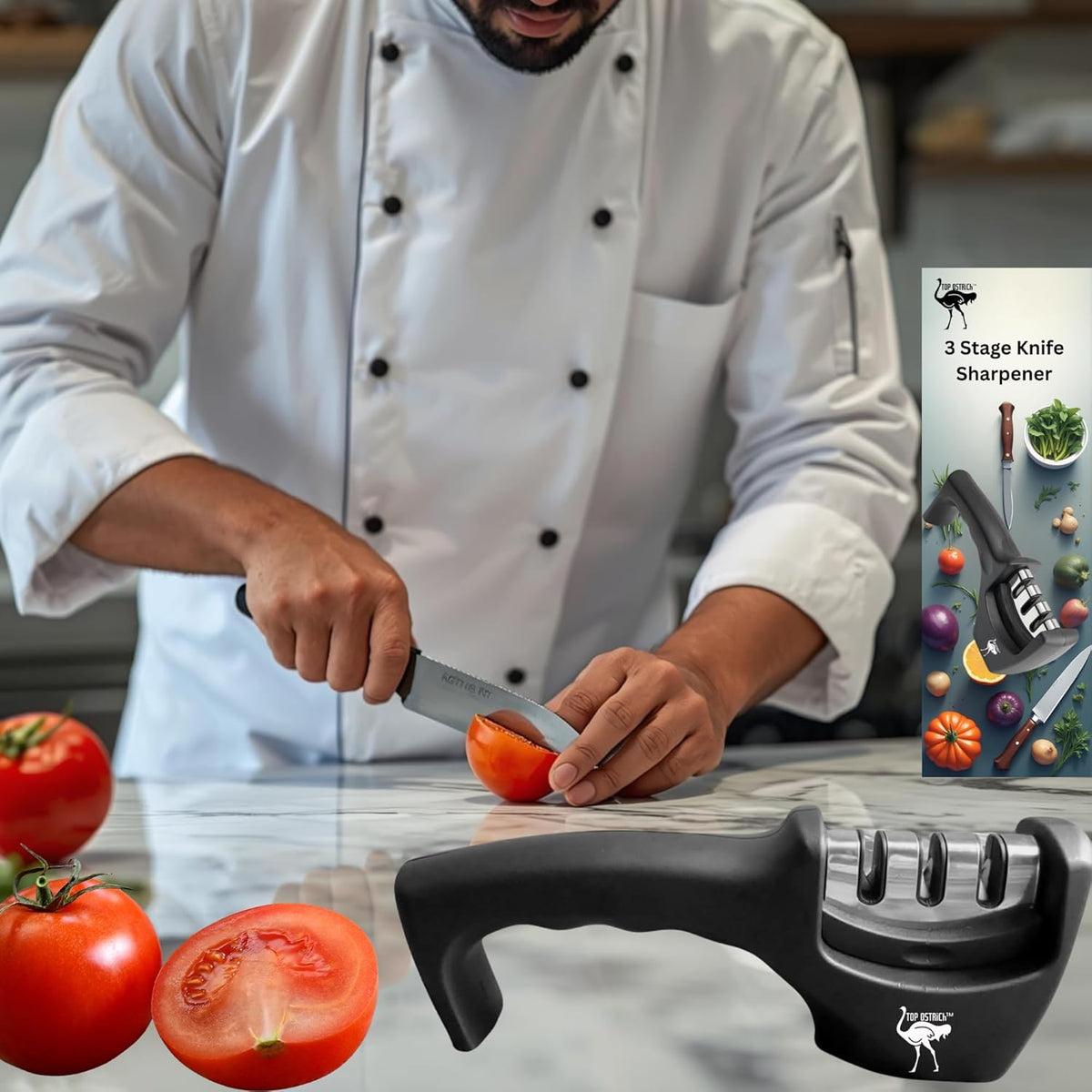 3-Stage Kitchen Knife Sharpener - Professional Sharpening Tool for Steel & Ceramic Blades - Manual Whetstone & Polishing System - Ergonomic Non-Slip Base
