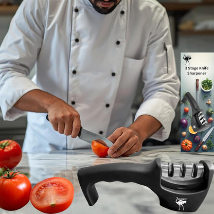 3-Stage Kitchen Knife Sharpener - Professional Sharpening Tool for Steel & Ceramic Blades - Manual Whetstone & Polishing System - Ergonomic Non-Slip Base