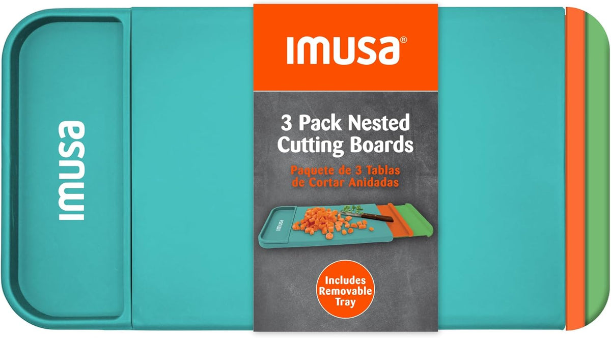 IMUSA Cutting Board Set, 4-Piece 14"x7.5", Removable Tray | Plastic, color-coded for meat, veggies, and fruit to prevent cross-contamination, nesting design saves space, dishwasher safe