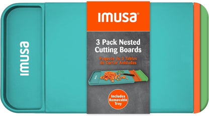 IMUSA Cutting Board Set, 4-Piece 14"x7.5", Removable Tray | Plastic, color-coded for meat, veggies, and fruit to prevent cross-contamination, nesting design saves space, dishwasher safe