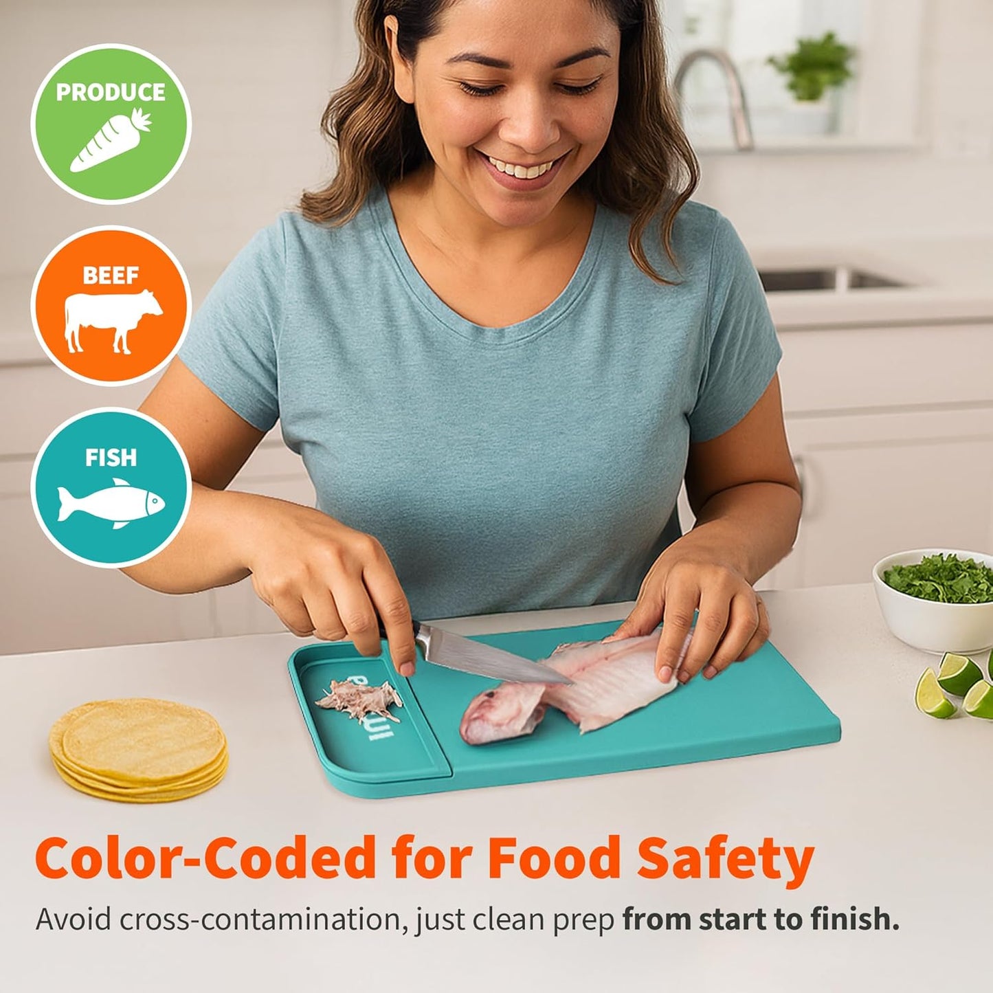 IMUSA Cutting Board Set, 4-Piece 14"x7.5", Removable Tray | Plastic, color-coded for meat, veggies, and fruit to prevent cross-contamination, nesting design saves space, dishwasher safe