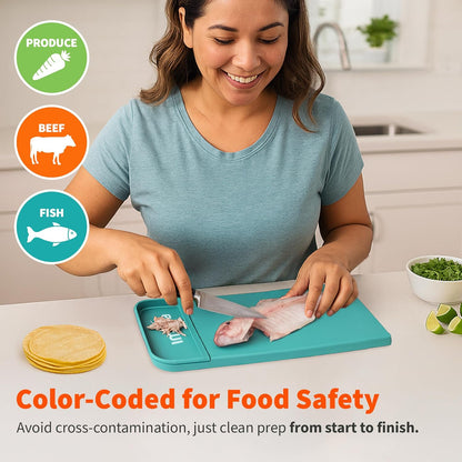 IMUSA Cutting Board Set, 4-Piece 14"x7.5", Removable Tray | Plastic, color-coded for meat, veggies, and fruit to prevent cross-contamination, nesting design saves space, dishwasher safe