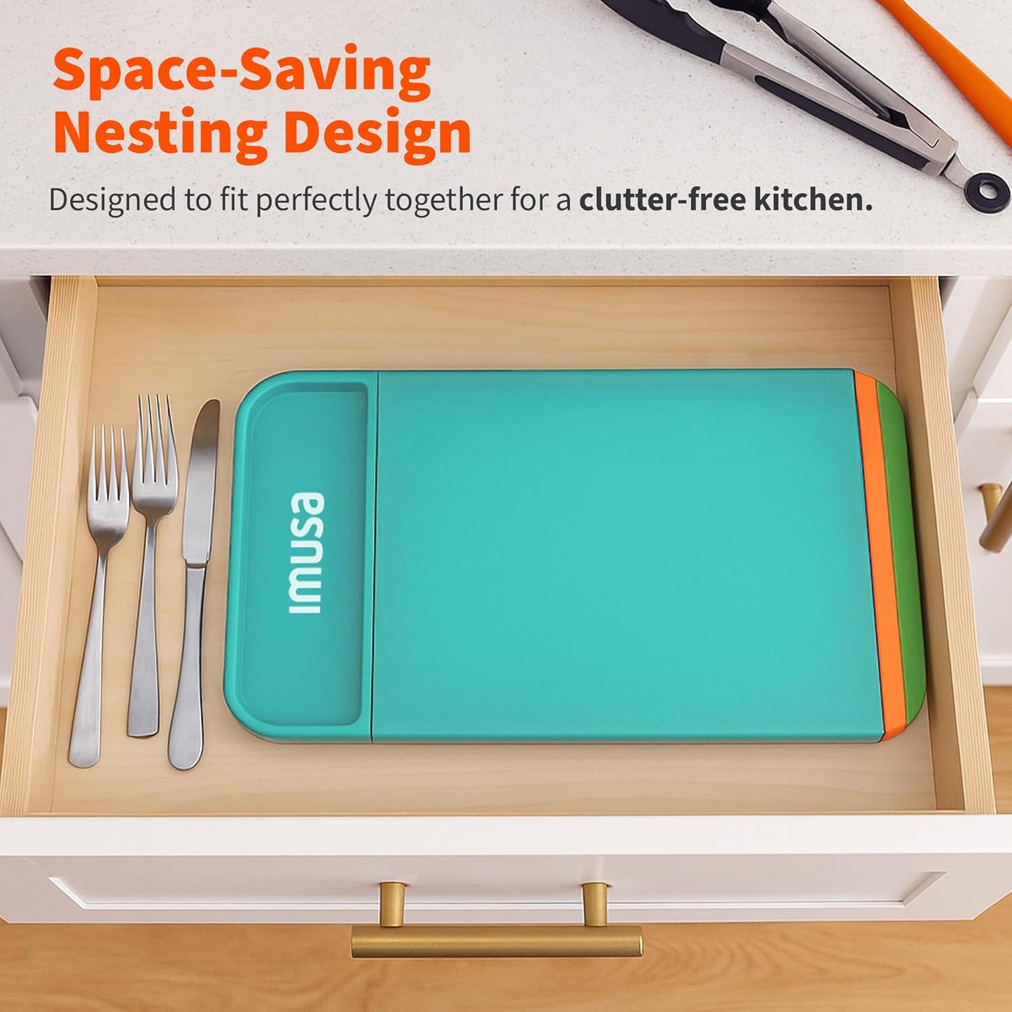 IMUSA Cutting Board Set, 4-Piece 14"x7.5", Removable Tray | Plastic, color-coded for meat, veggies, and fruit to prevent cross-contamination, nesting design saves space, dishwasher safe