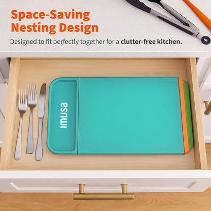 IMUSA Cutting Board Set, 4-Piece 14"x7.5", Removable Tray | Plastic, color-coded for meat, veggies, and fruit to prevent cross-contamination, nesting design saves space, dishwasher safe