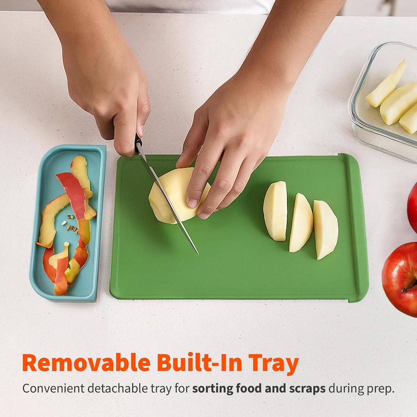 IMUSA Cutting Board Set, 4-Piece 14"x7.5", Removable Tray | Plastic, color-coded for meat, veggies, and fruit to prevent cross-contamination, nesting design saves space, dishwasher safe
