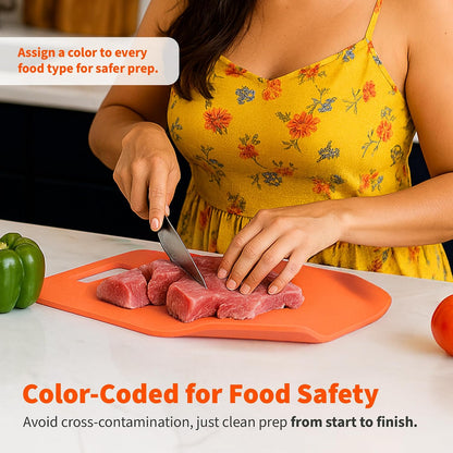 IMUSA Cutting Board Set, 4-Piece 14"x7.5", Removable Tray | Plastic, color-coded for meat, veggies, and fruit to prevent cross-contamination, nesting design saves space, dishwasher safe