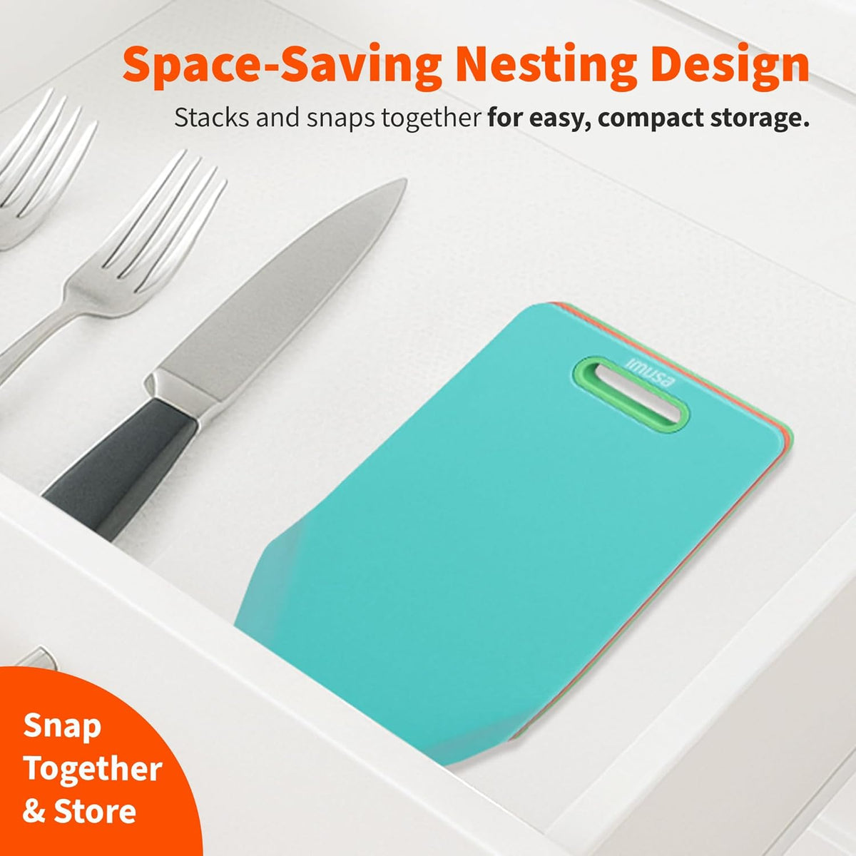 IMUSA Cutting Board Set, 4-Piece 14"x7.5", Removable Tray | Plastic, color-coded for meat, veggies, and fruit to prevent cross-contamination, nesting design saves space, dishwasher safe