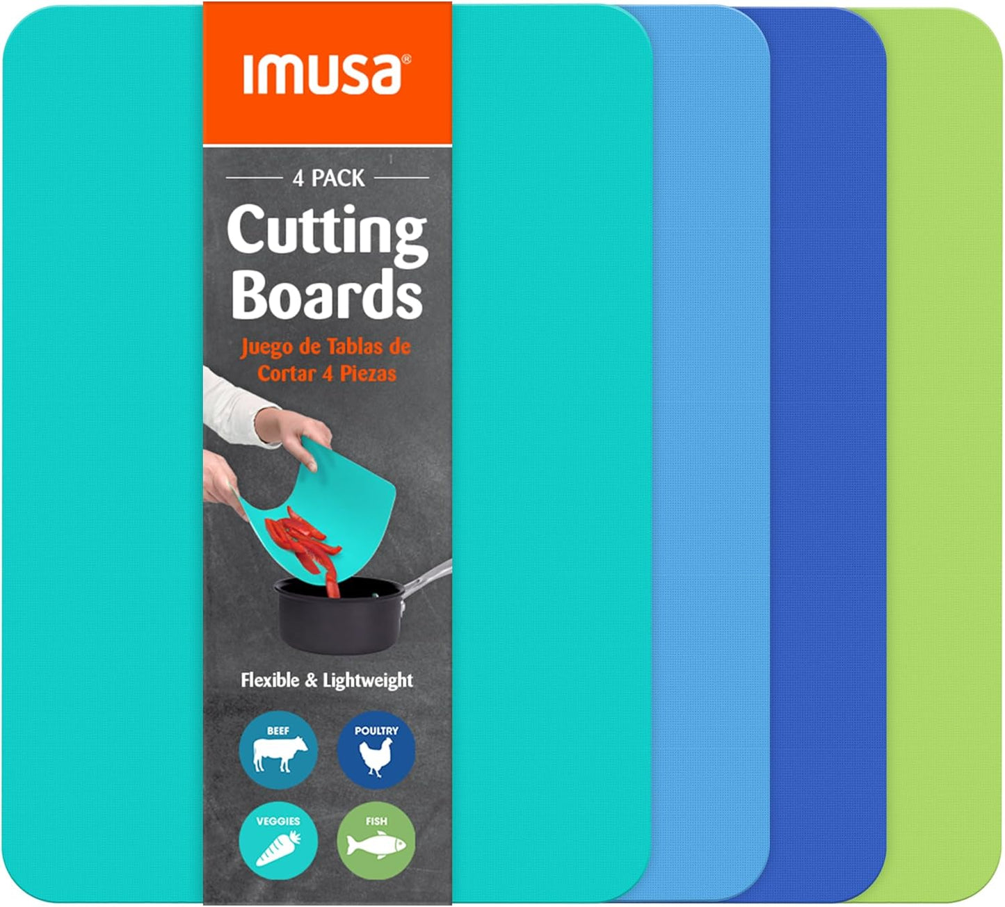 IMUSA Cutting Board Set, 4-Piece 14"x7.5", Removable Tray | Plastic, color-coded for meat, veggies, and fruit to prevent cross-contamination, nesting design saves space, dishwasher safe