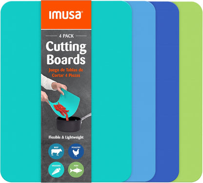 IMUSA Cutting Board Set, 4-Piece 14"x7.5", Removable Tray | Plastic, color-coded for meat, veggies, and fruit to prevent cross-contamination, nesting design saves space, dishwasher safe