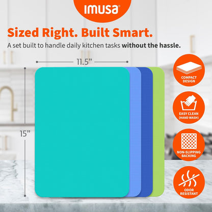 IMUSA Cutting Board Set, 4-Piece 14"x7.5", Removable Tray | Plastic, color-coded for meat, veggies, and fruit to prevent cross-contamination, nesting design saves space, dishwasher safe