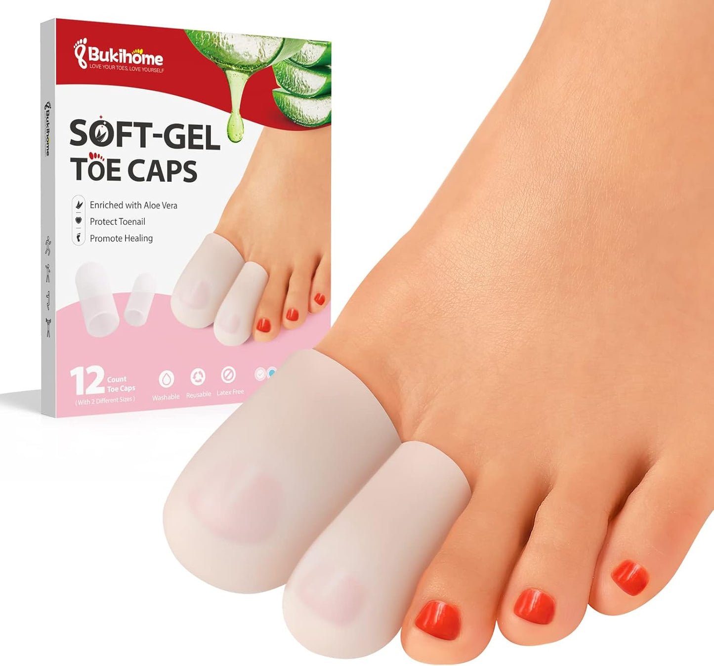 Silicone Toe Protectors - 12 Pack Gel Toe Sleeves Toe Protectors - Toe Caps with Aloe Vera Essential Oils - Toe Cushions for Pain Relief, Toe Protection for Corns, Calluses (8L + 4S)
