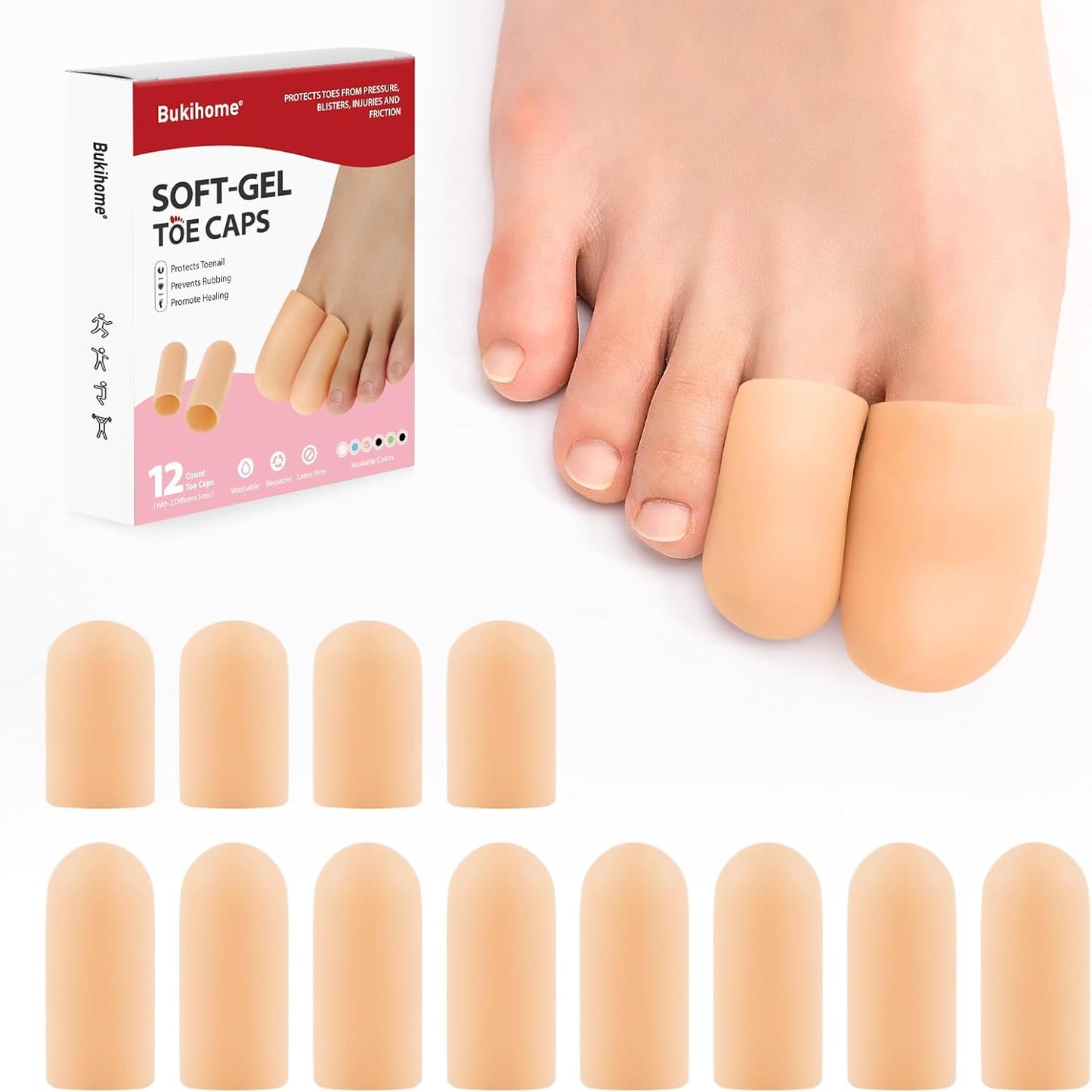 Silicone Toe Protectors - 12 Pack Gel Toe Sleeves Toe Protectors - Toe Caps with Aloe Vera Essential Oils - Toe Cushions for Pain Relief, Toe Protection for Corns, Calluses (8L + 4S)