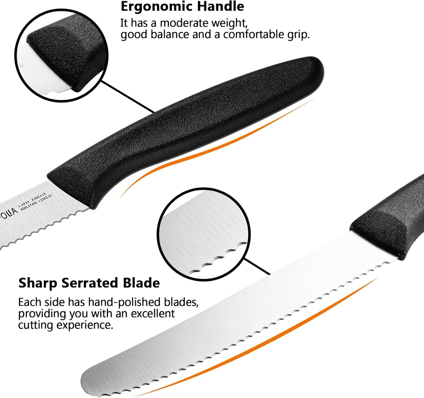 Steak Knives,Sharp Serrated Kitchen Knives,6 Pieces Black Bread Knife,Multi-purpose Kitchen Knife,High-Carbon Stainless Steel Tamato Knives Set,Ergonomic Handle,Dishwasher Safe
