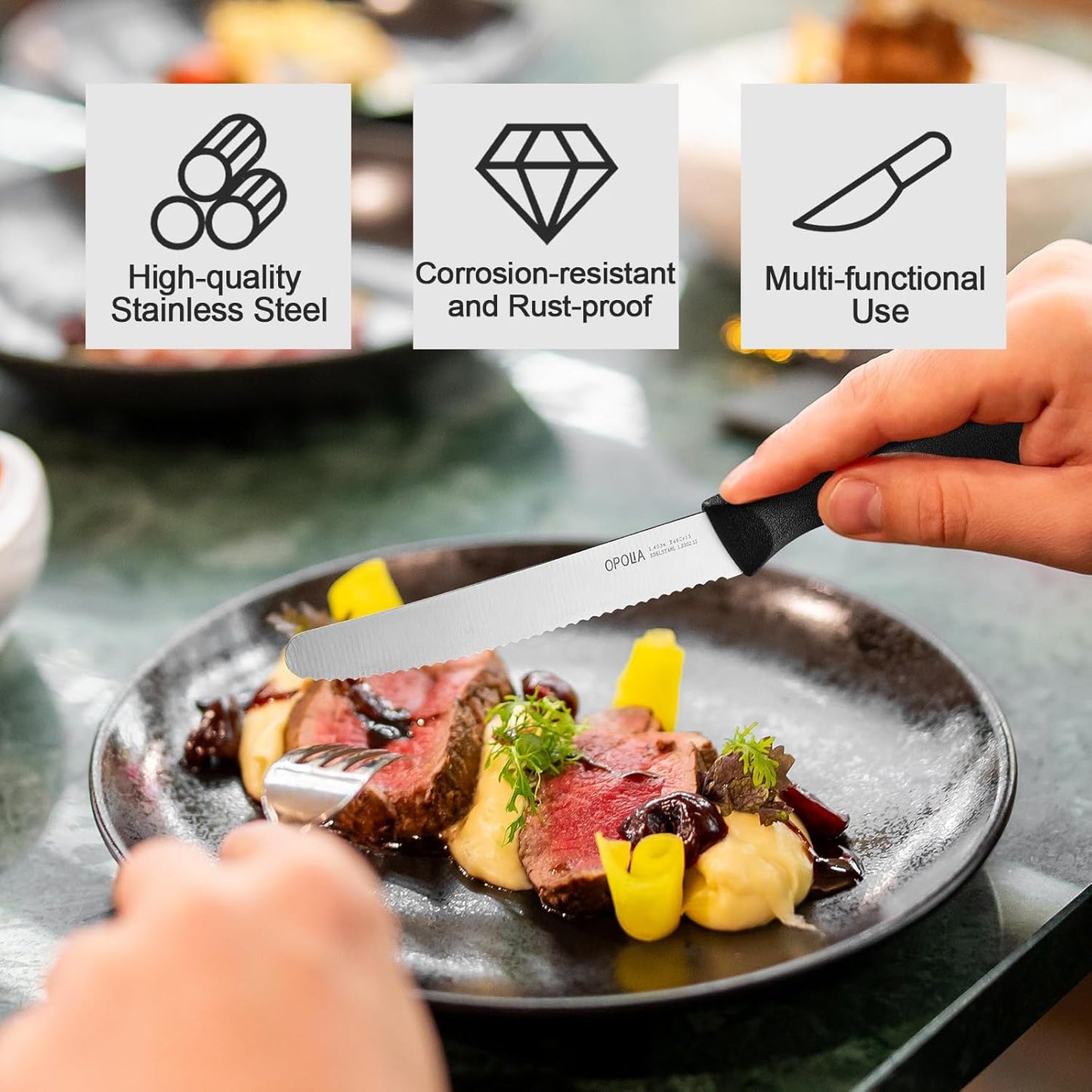 Steak Knives,Sharp Serrated Kitchen Knives,6 Pieces Black Bread Knife,Multi-purpose Kitchen Knife,High-Carbon Stainless Steel Tamato Knives Set,Ergonomic Handle,Dishwasher Safe