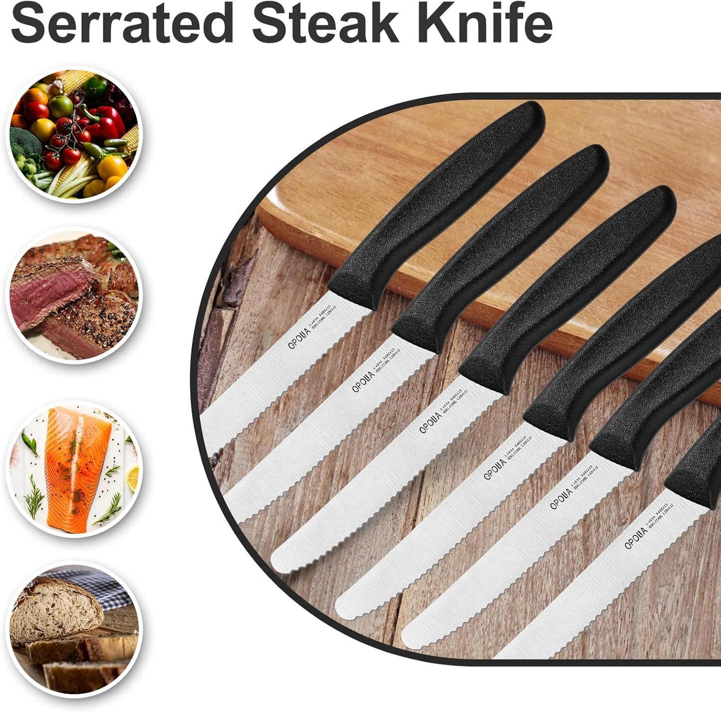 Steak Knives,Sharp Serrated Kitchen Knives,6 Pieces Black Bread Knife,Multi-purpose Kitchen Knife,High-Carbon Stainless Steel Tamato Knives Set,Ergonomic Handle,Dishwasher Safe